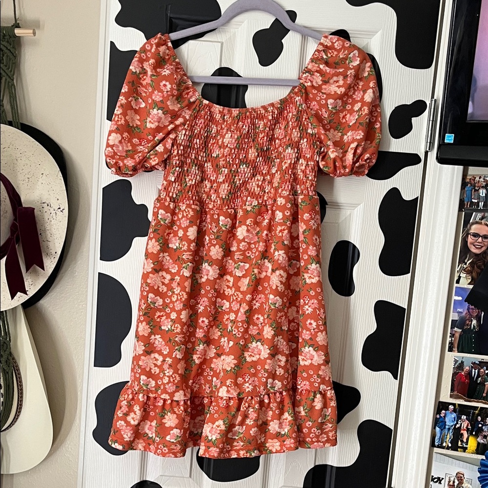 Floral Smocked Mini Dress in Rust Pink